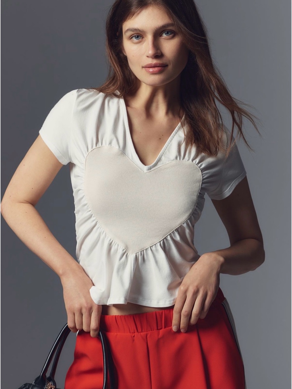 Anthropologie Maeve Heart Embellished V-Neck Tee White L
